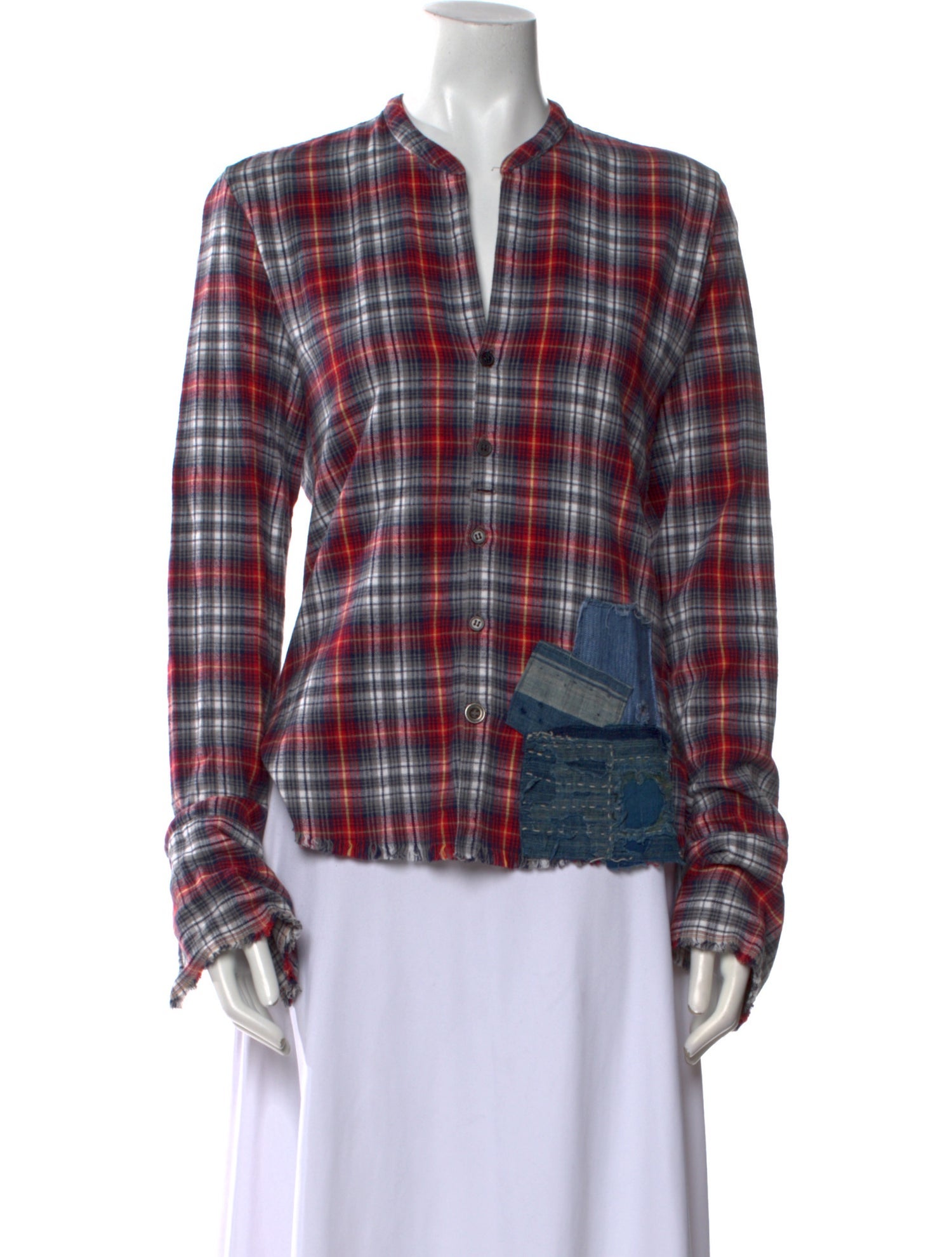 Greg Lauren Plaid Print V-Neck Button-Up Top