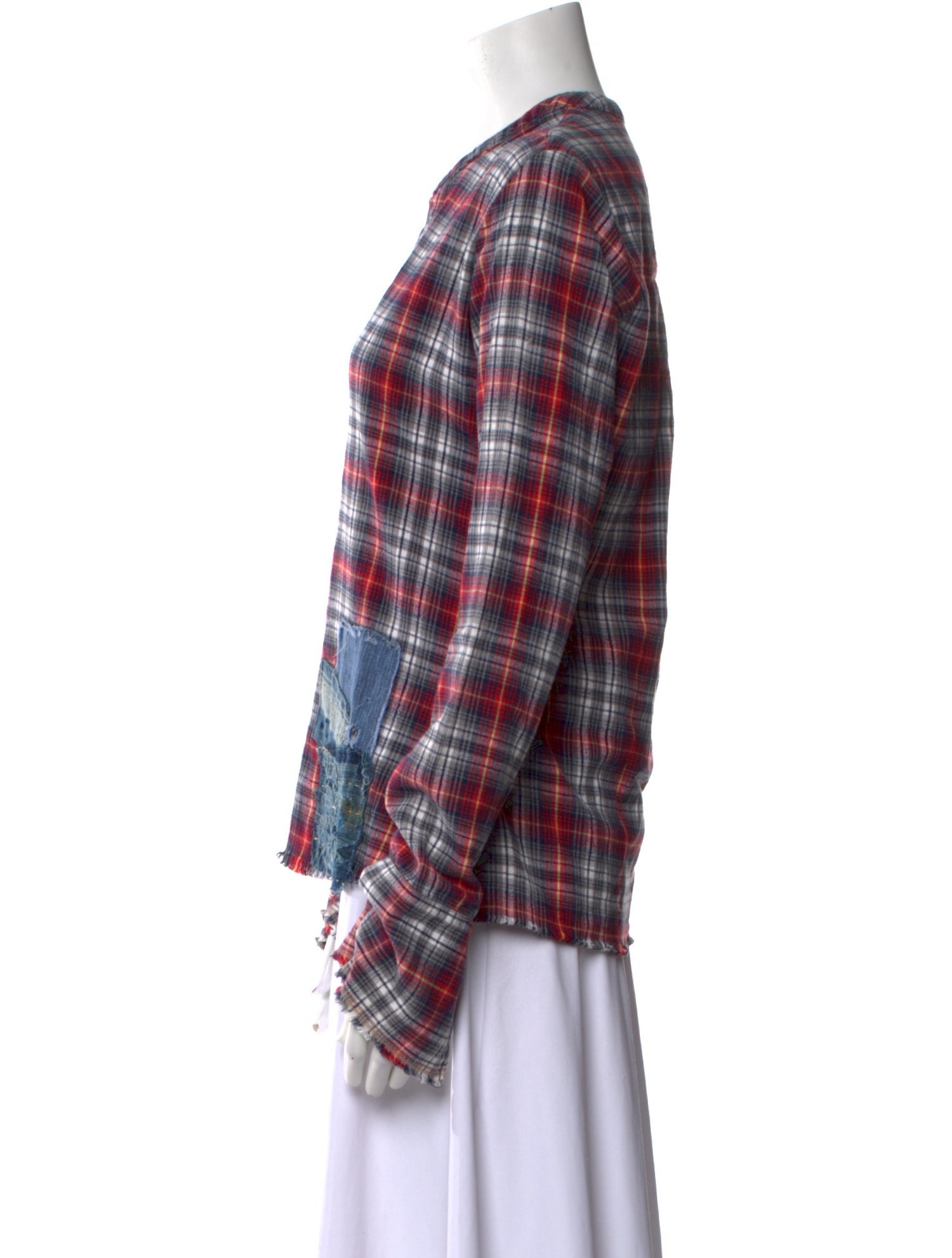 Greg Lauren Plaid Print V-Neck Button-Up Top
