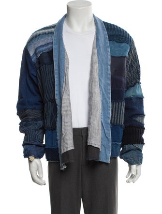 Greg Lauren MIXED BLUES CROPPED GL1 Colorblock Pattern Cardigan