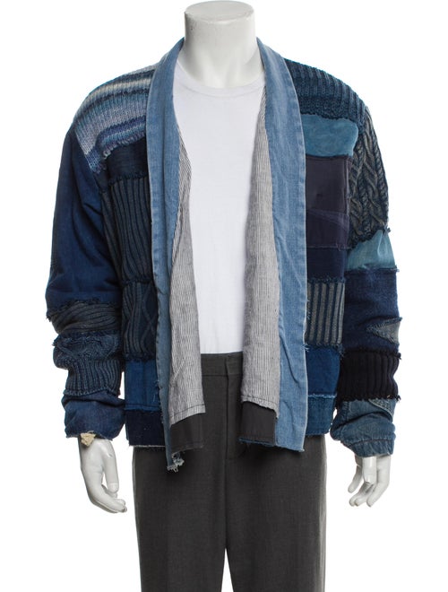 Greg Lauren MIXED BLUES CROPPED GL1 Colorblock Pattern Cardigan