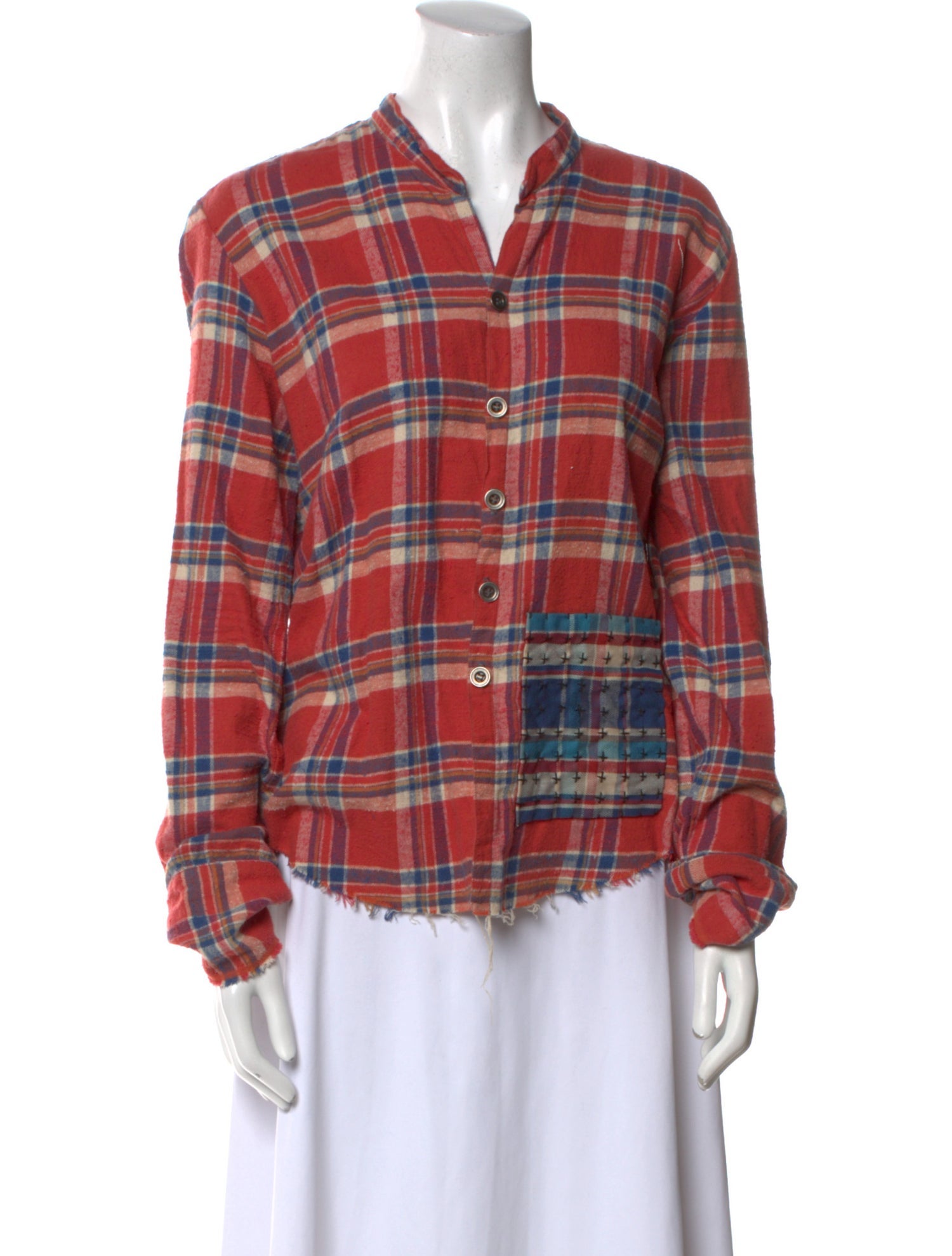 Greg Lauren Plaid Print V-Neck Button-Up Top