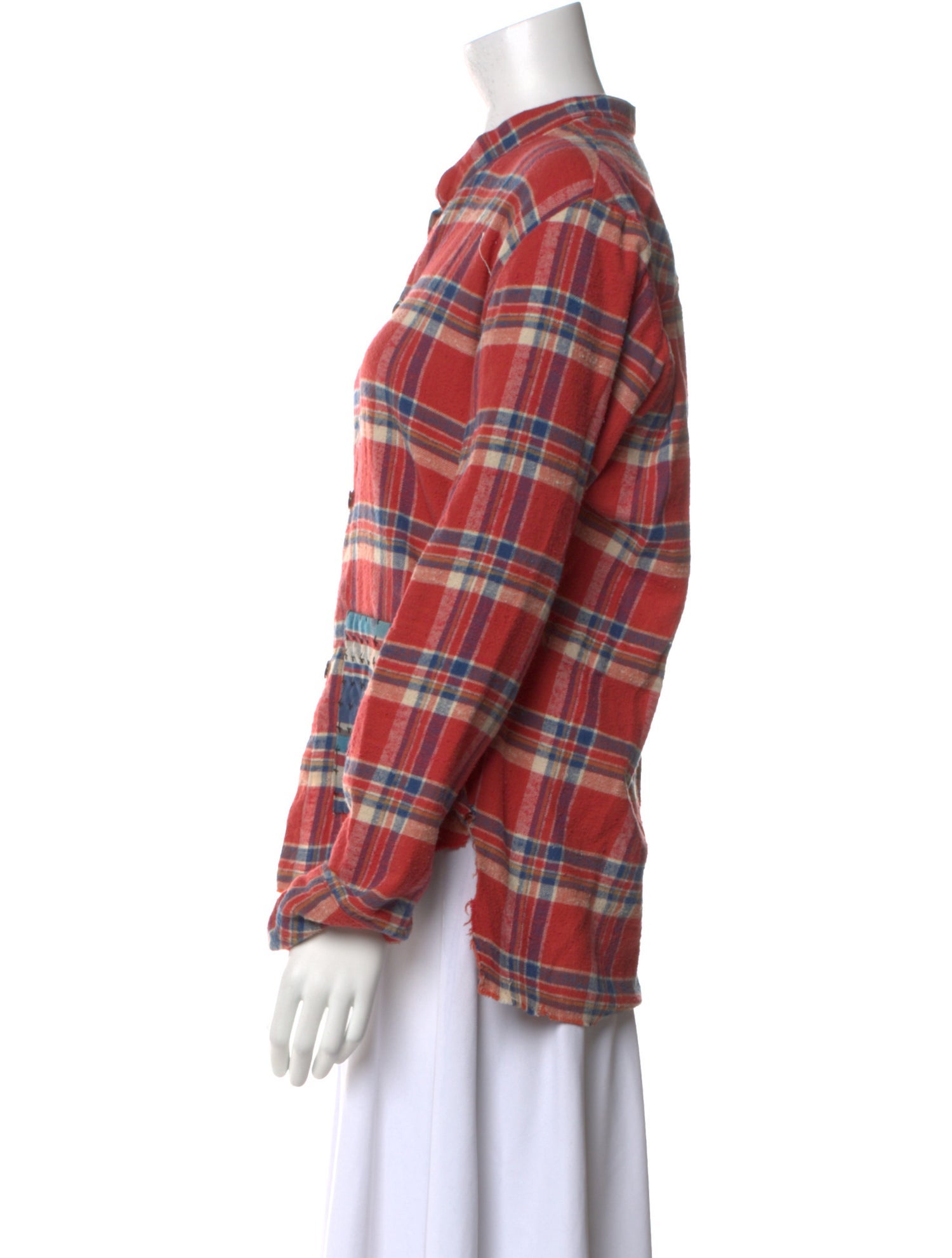 Greg Lauren Plaid Print V-Neck Button-Up Top