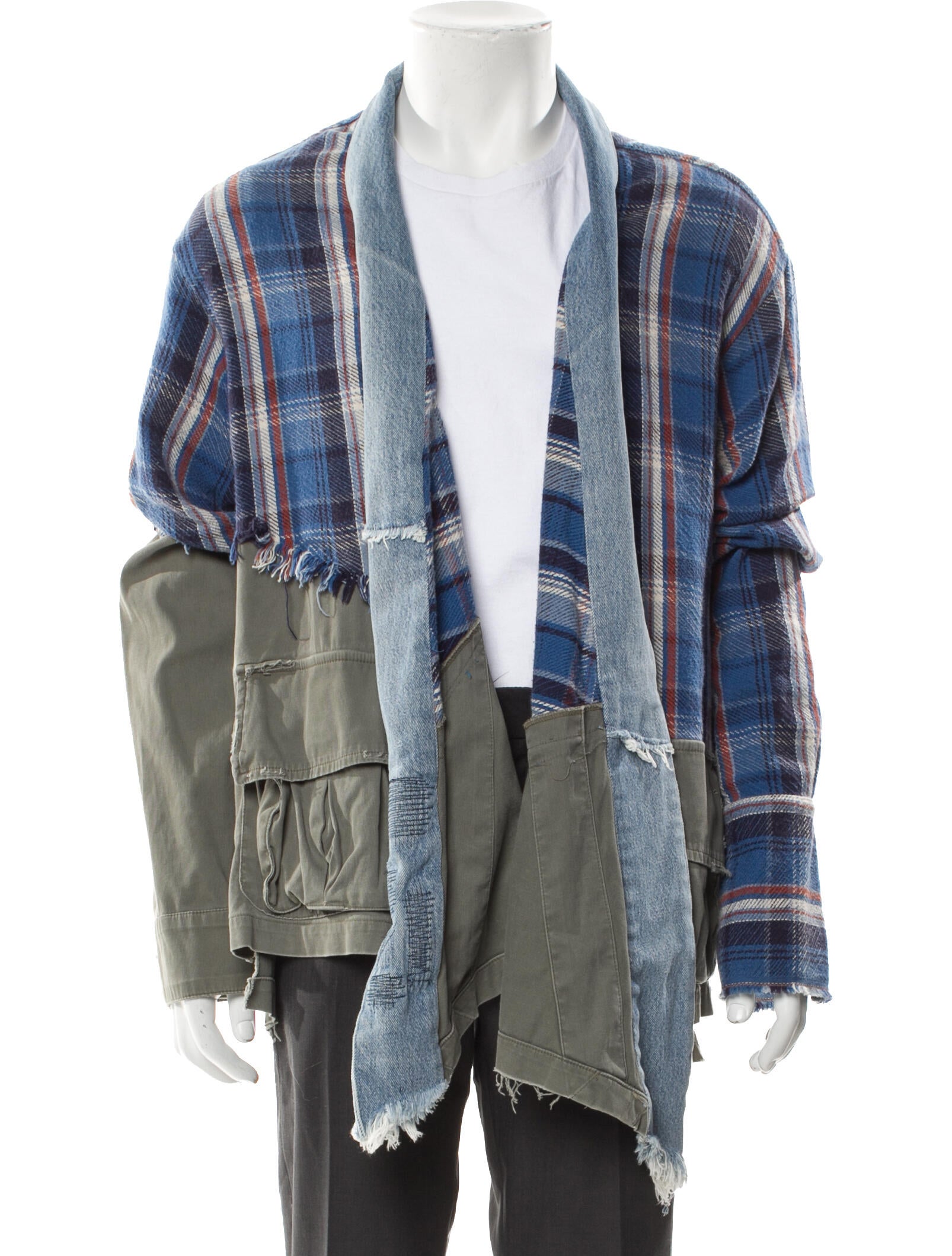 Greg Lauren Plaid Army Kimono Plaid Print Denim Jacket