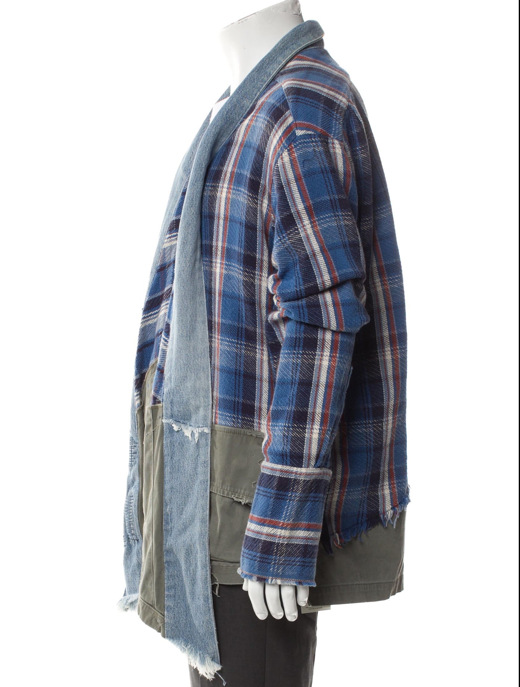 Greg Lauren Plaid Army Kimono Plaid Print Denim Jacket