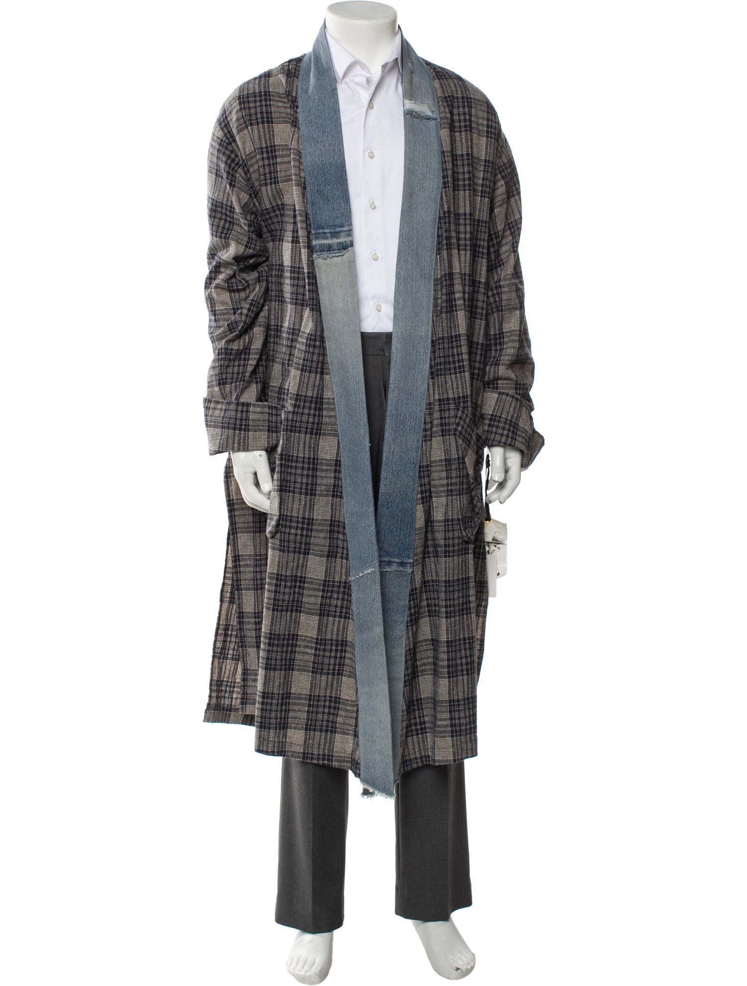 Greg Lauren Denim-Trimmed Kimono Coat Plaid Print Overcoat