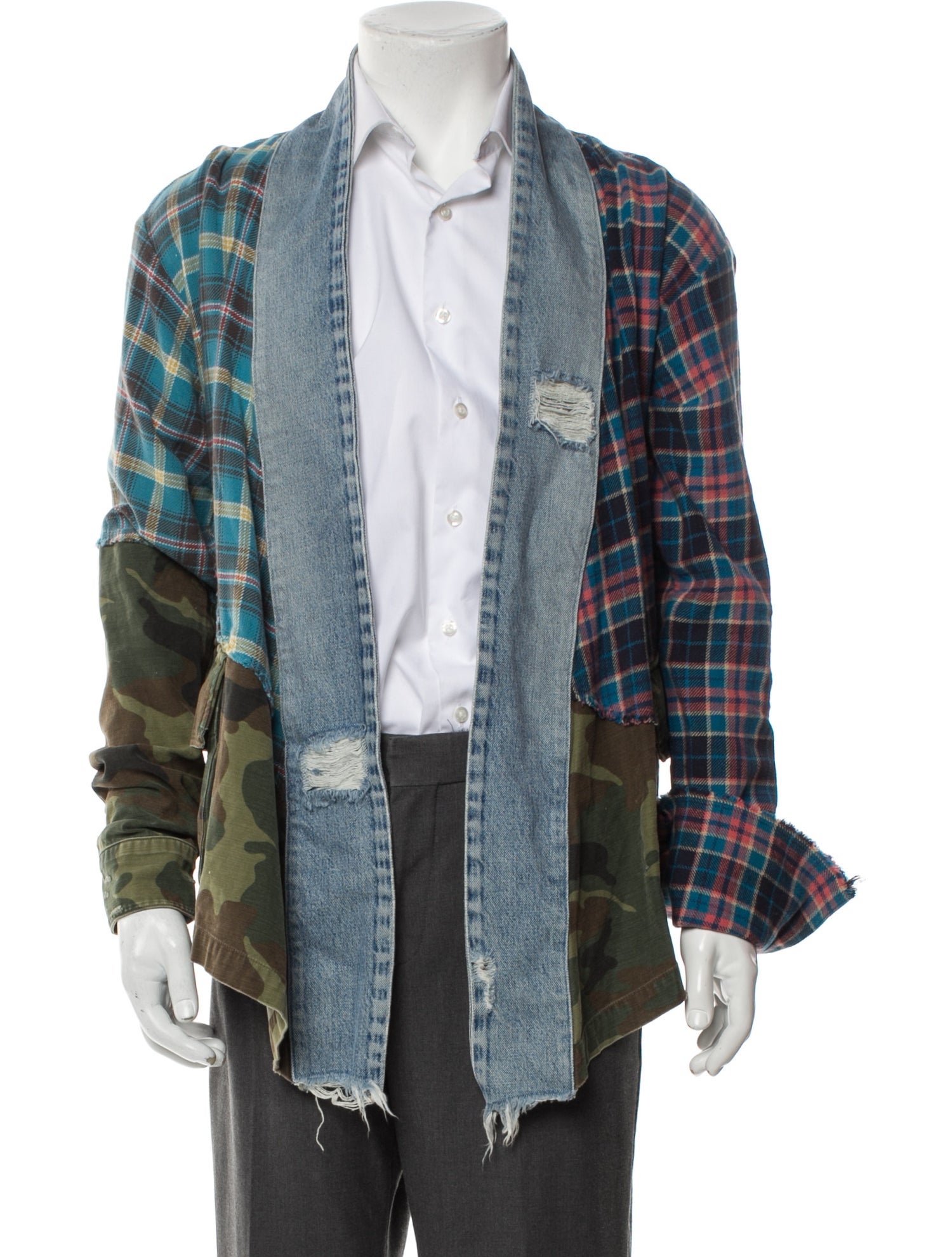 Greg Lauren 50/50 Kimono Plaid Print Denim Jacket