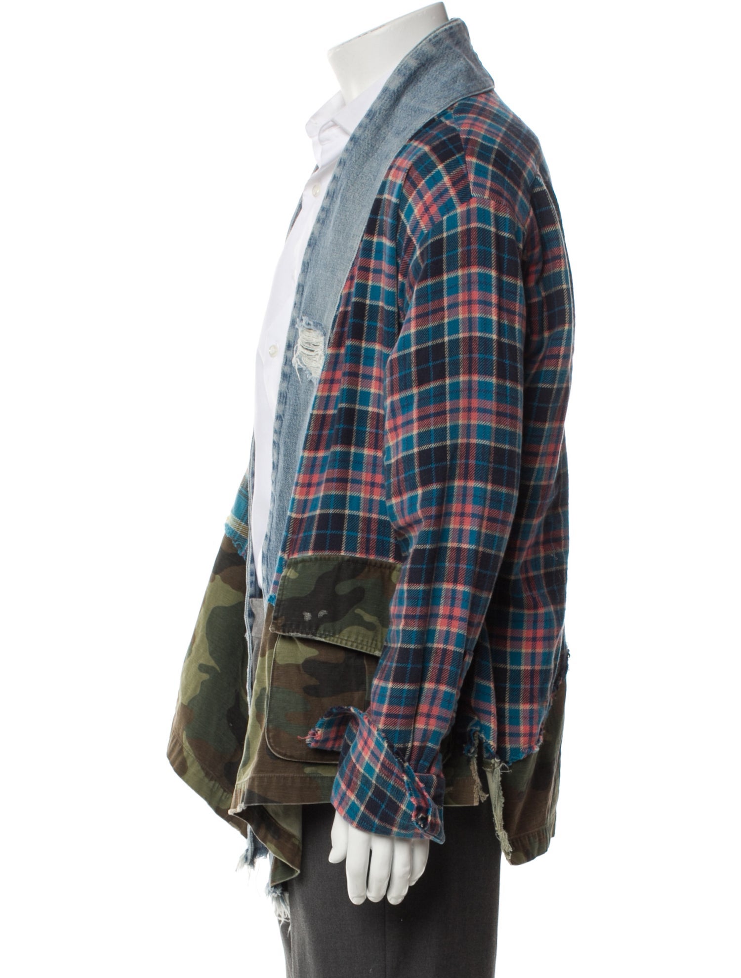 Greg Lauren 50/50 Kimono Plaid Print Denim Jacket