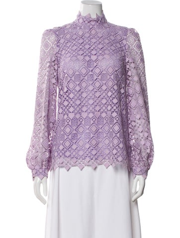Pre-owned Giamba Lace Pattern Mock Neck Blouse In Purple