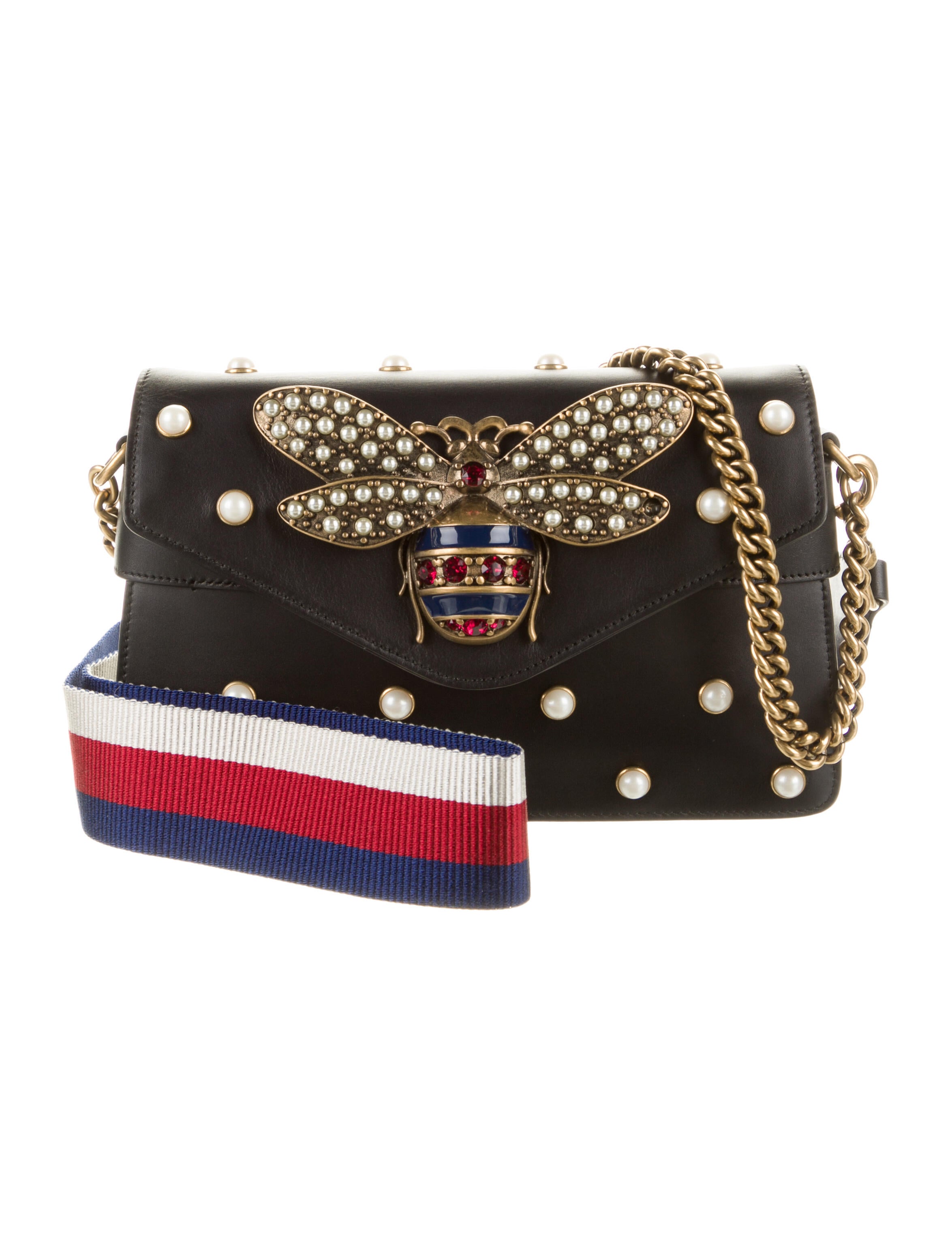 Gucci Pearl Studded Mini Broadway Bee Shoulder Bag Black Shoulder
