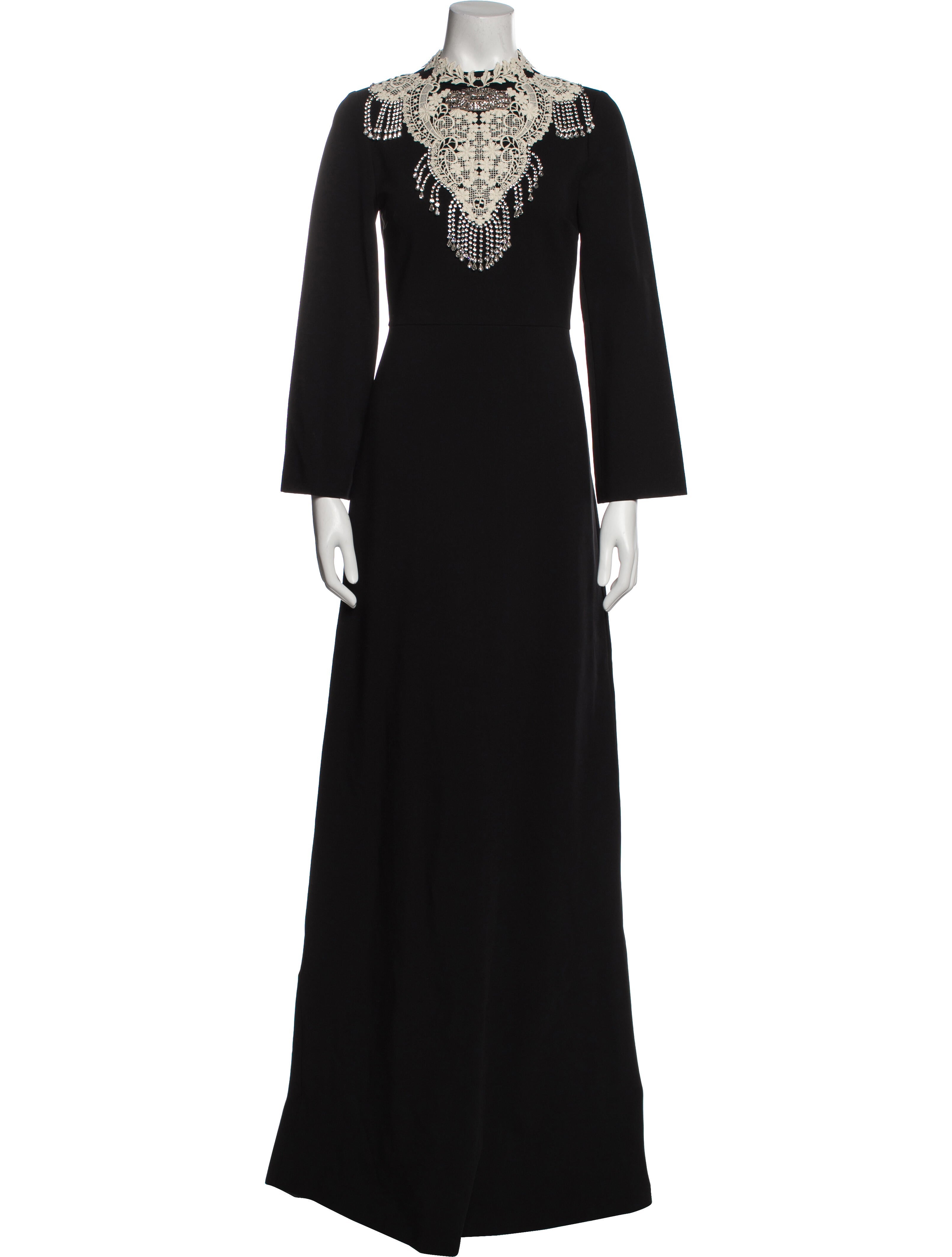 Gucci Lace Detail Crystal Embellished Long Dress Black Dresses