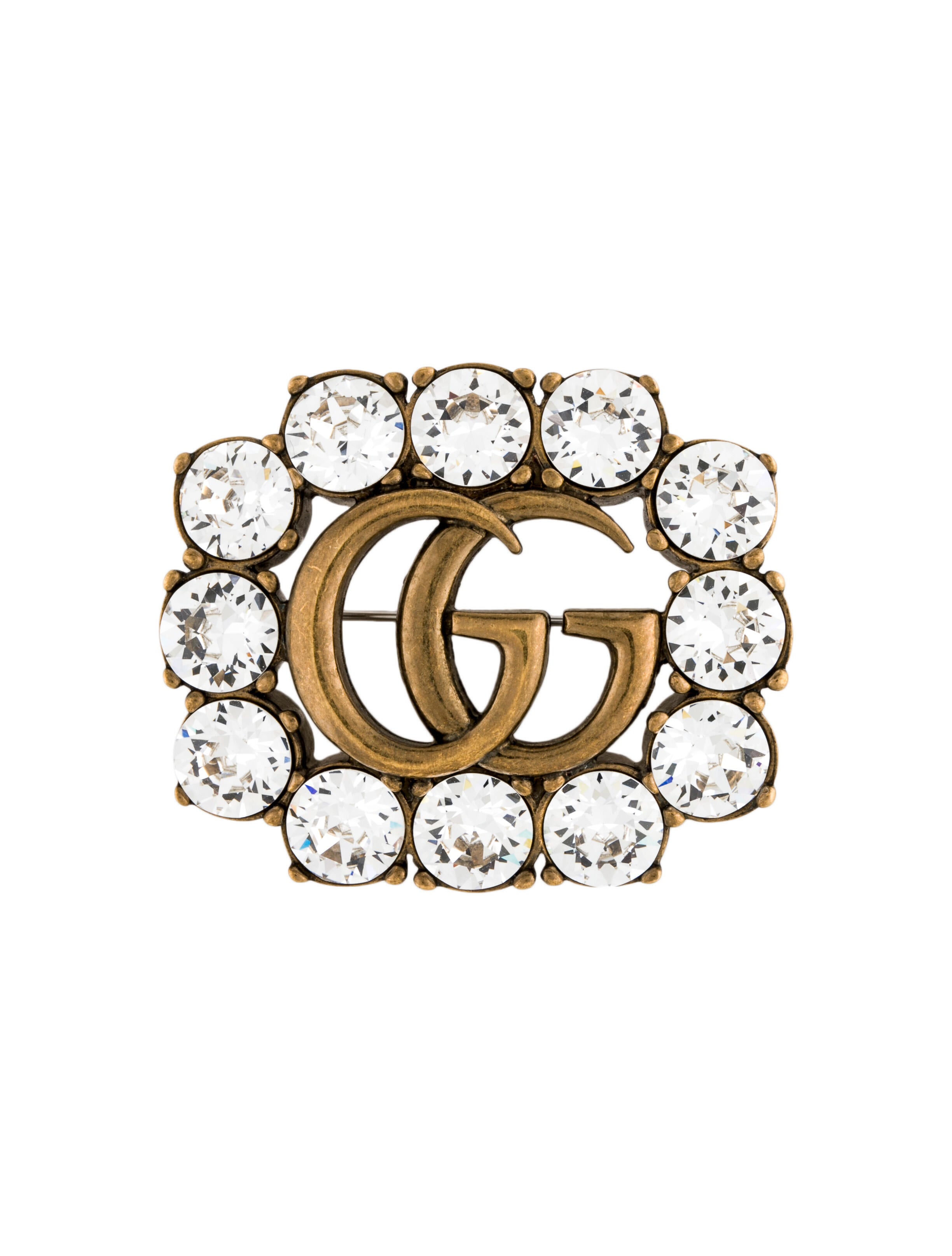 Gucci Crystal Double G Brooch GoldTone Metal Pin, Brooches