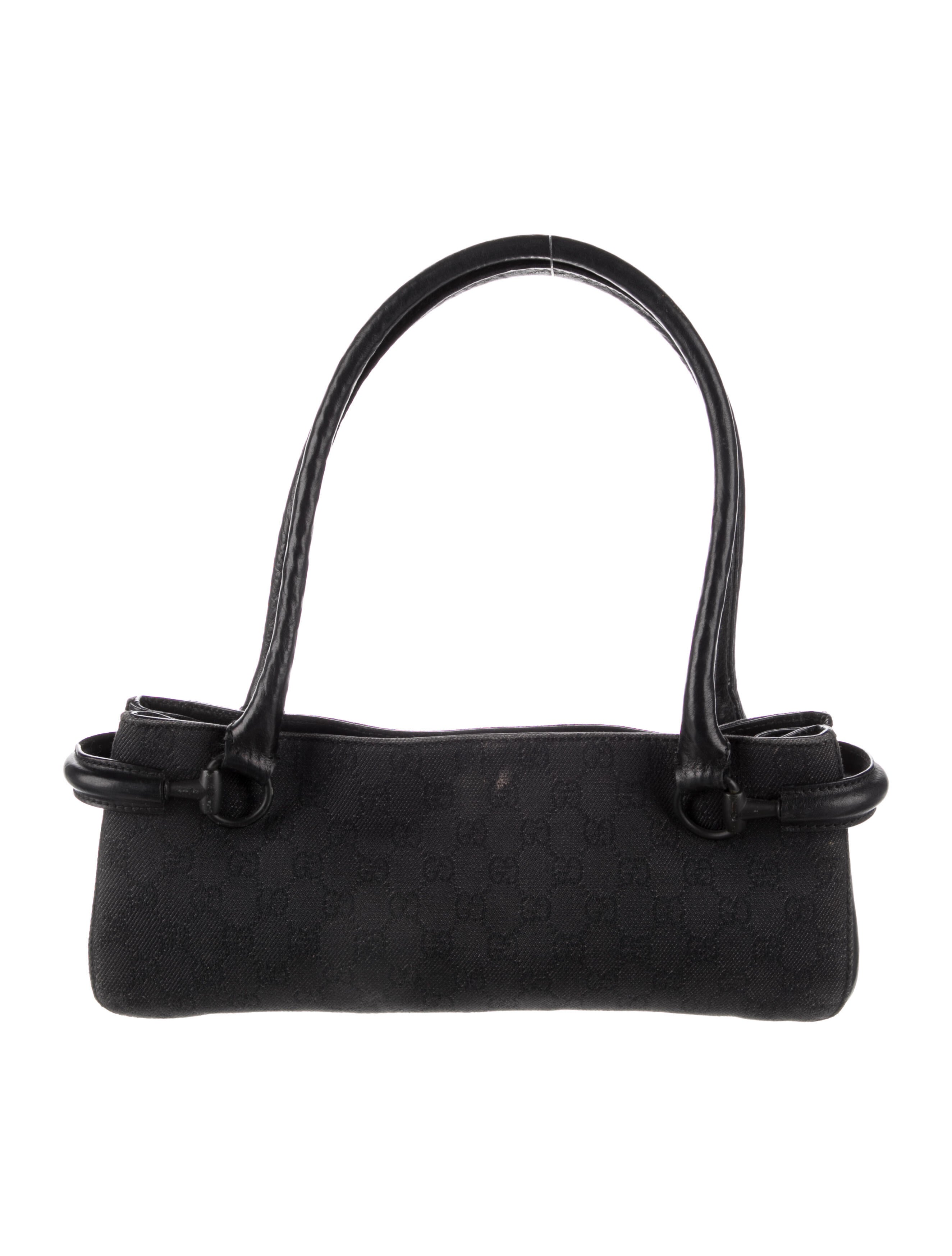 Gucci GG Canvas Leather Trim Baguette Shoulder Bag Black Shoulder