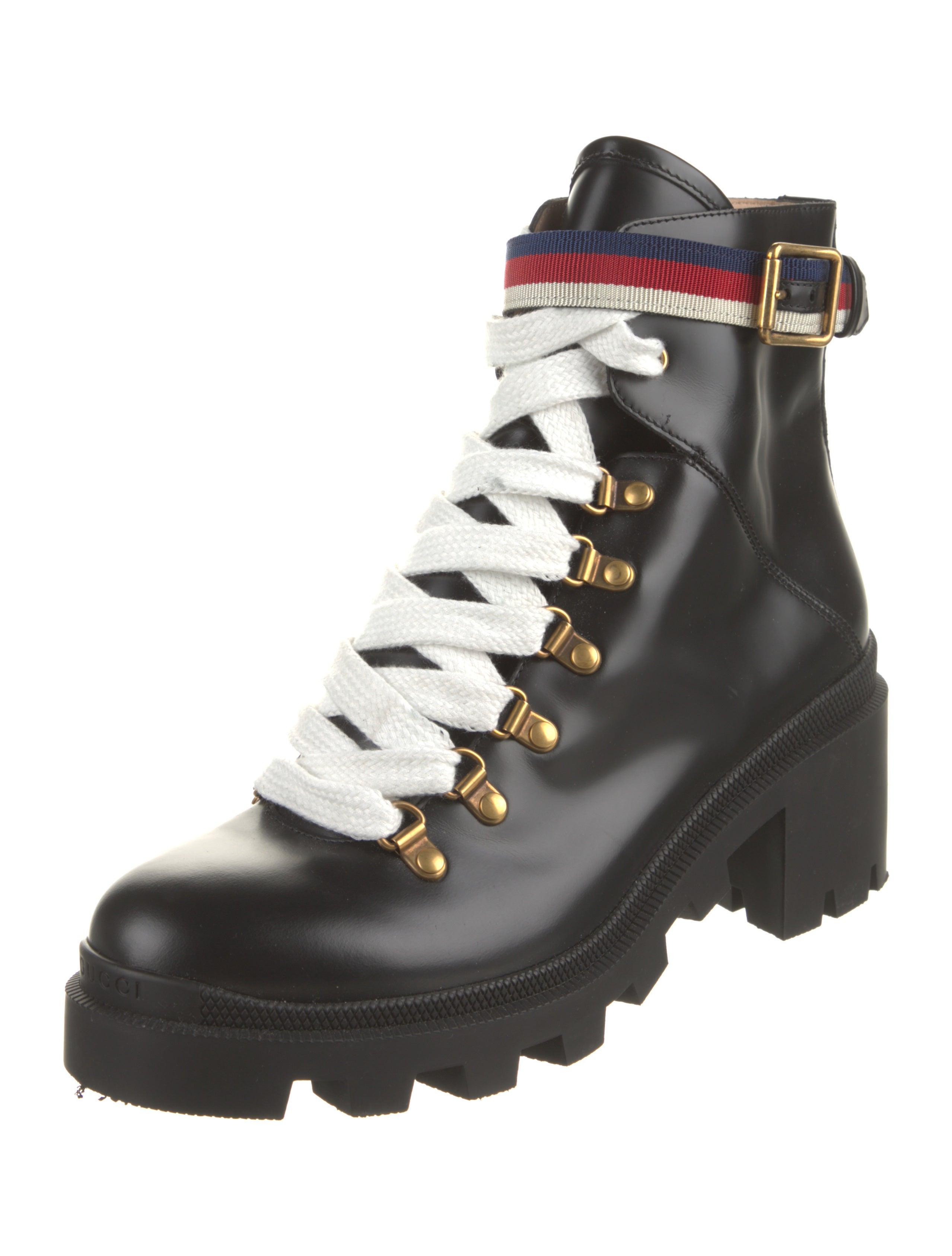 Gucci Sylvie Web Accent Leather Combat Boots