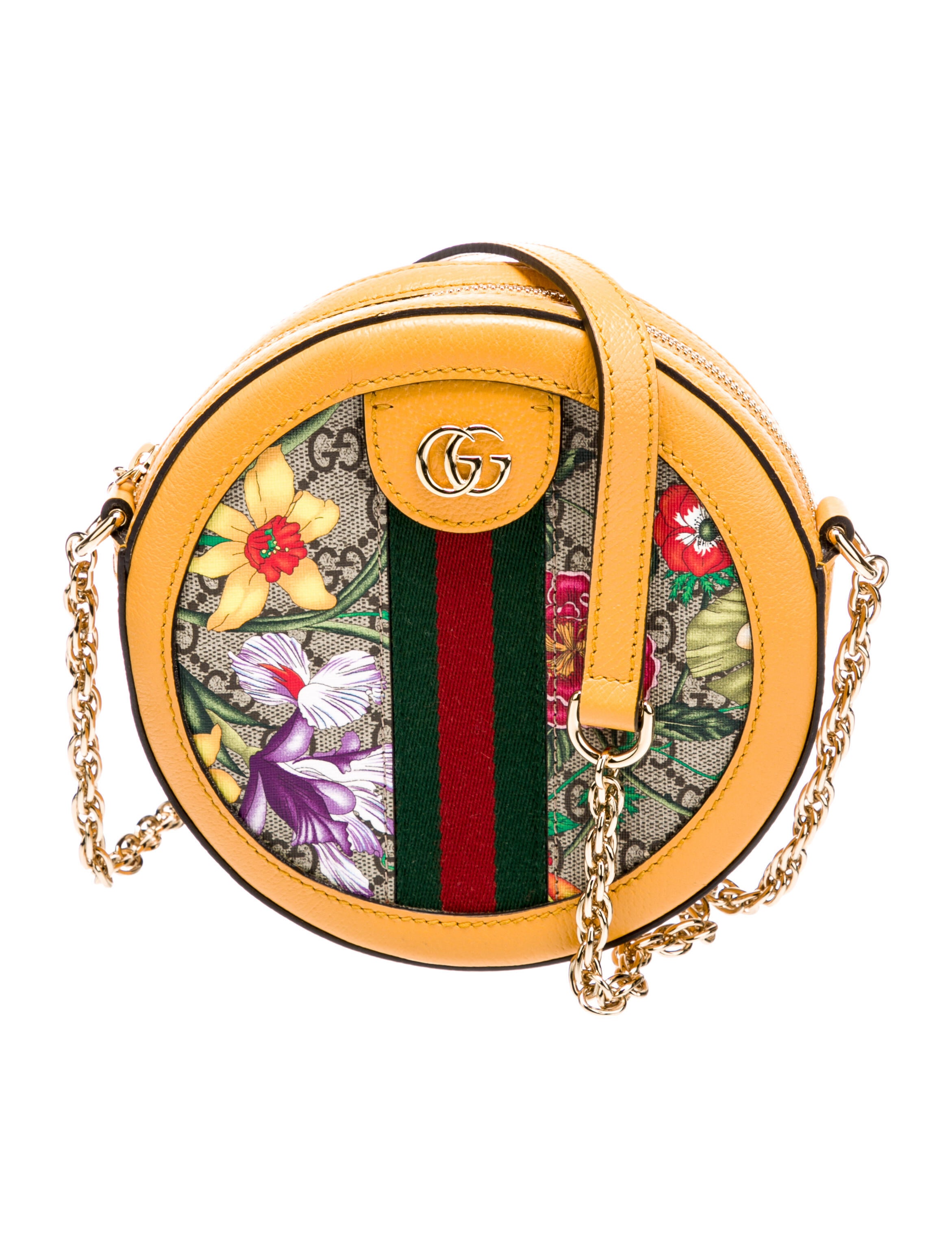Gucci GG Supreme Flora Mini Round Ophidia Crossbody Bag Yellow Crossbody Bags, Handbags