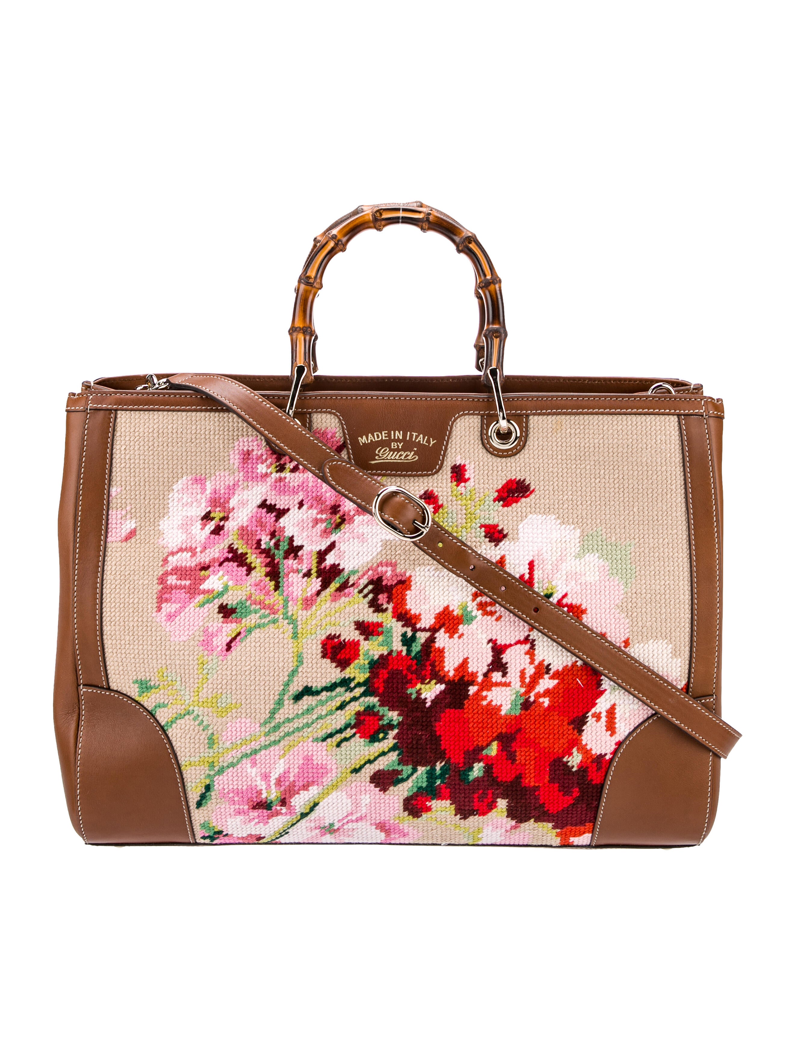 Gucci Large Blooms Needlepoint Bamboo Shopper Tote Brown Totes