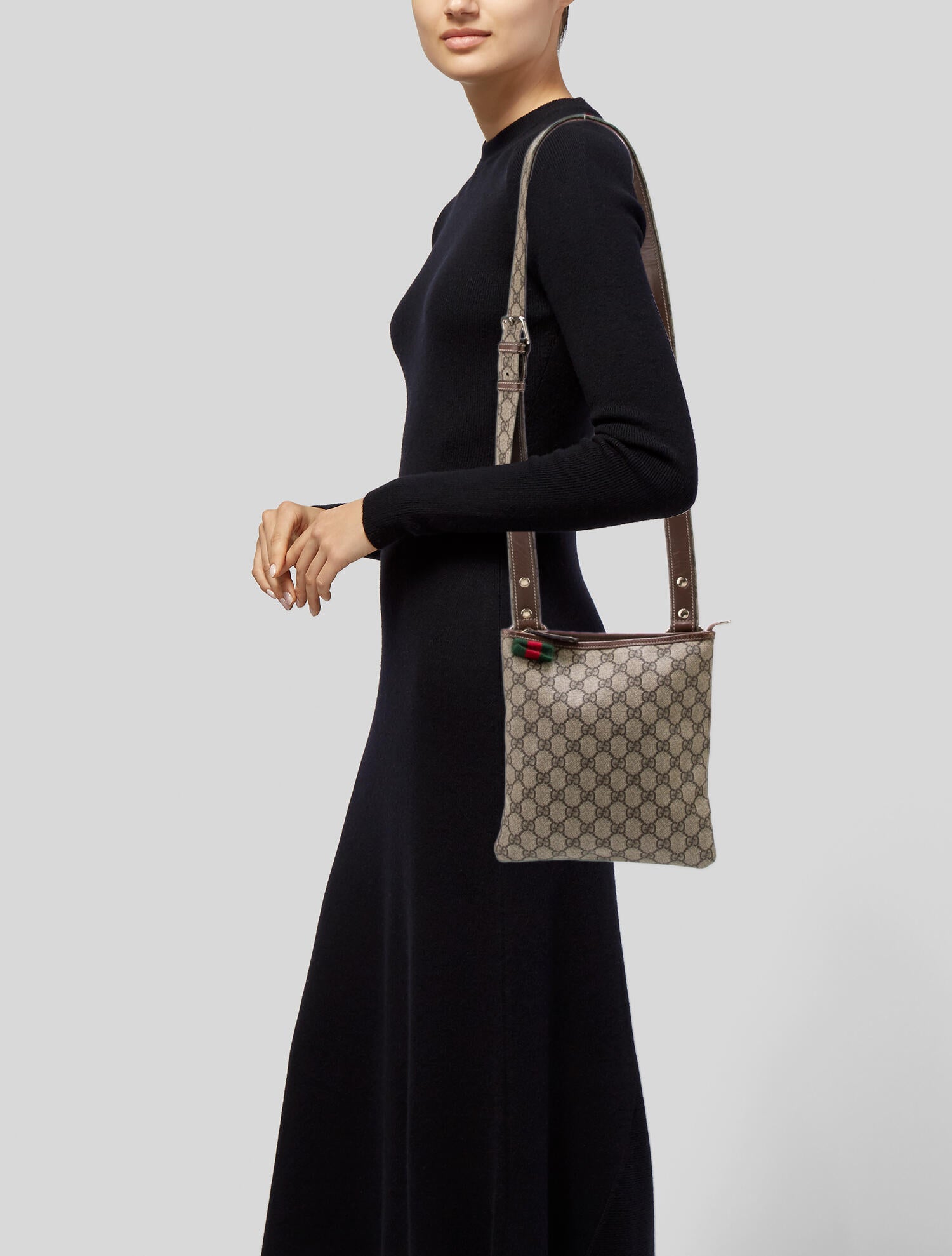 Gucci GG Supreme Flat Messenger Bag Brown Crossbody Bags, Handbags