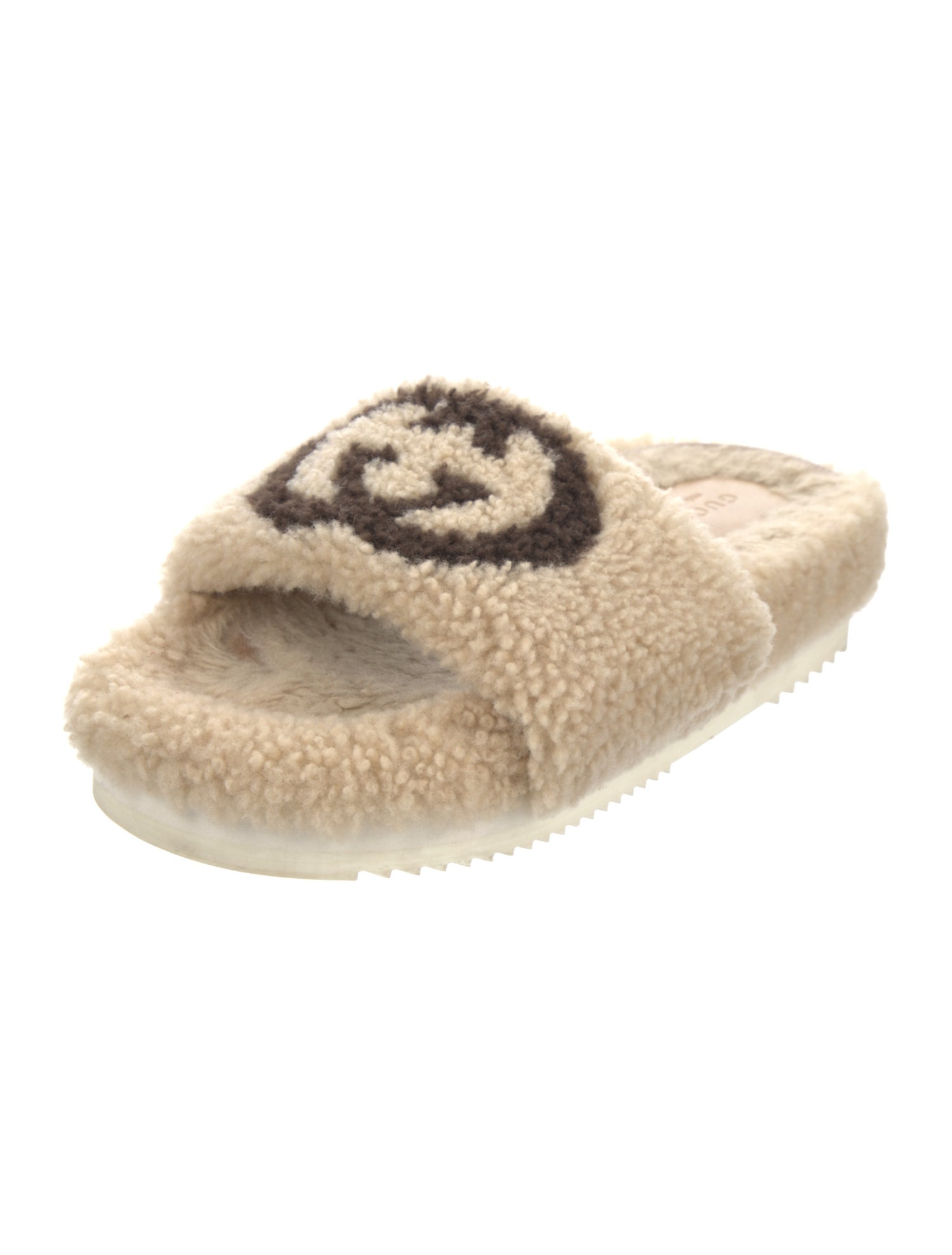 Gucci Interlocking G Logo Shearling Slides Neutrals Sandals, Shoes