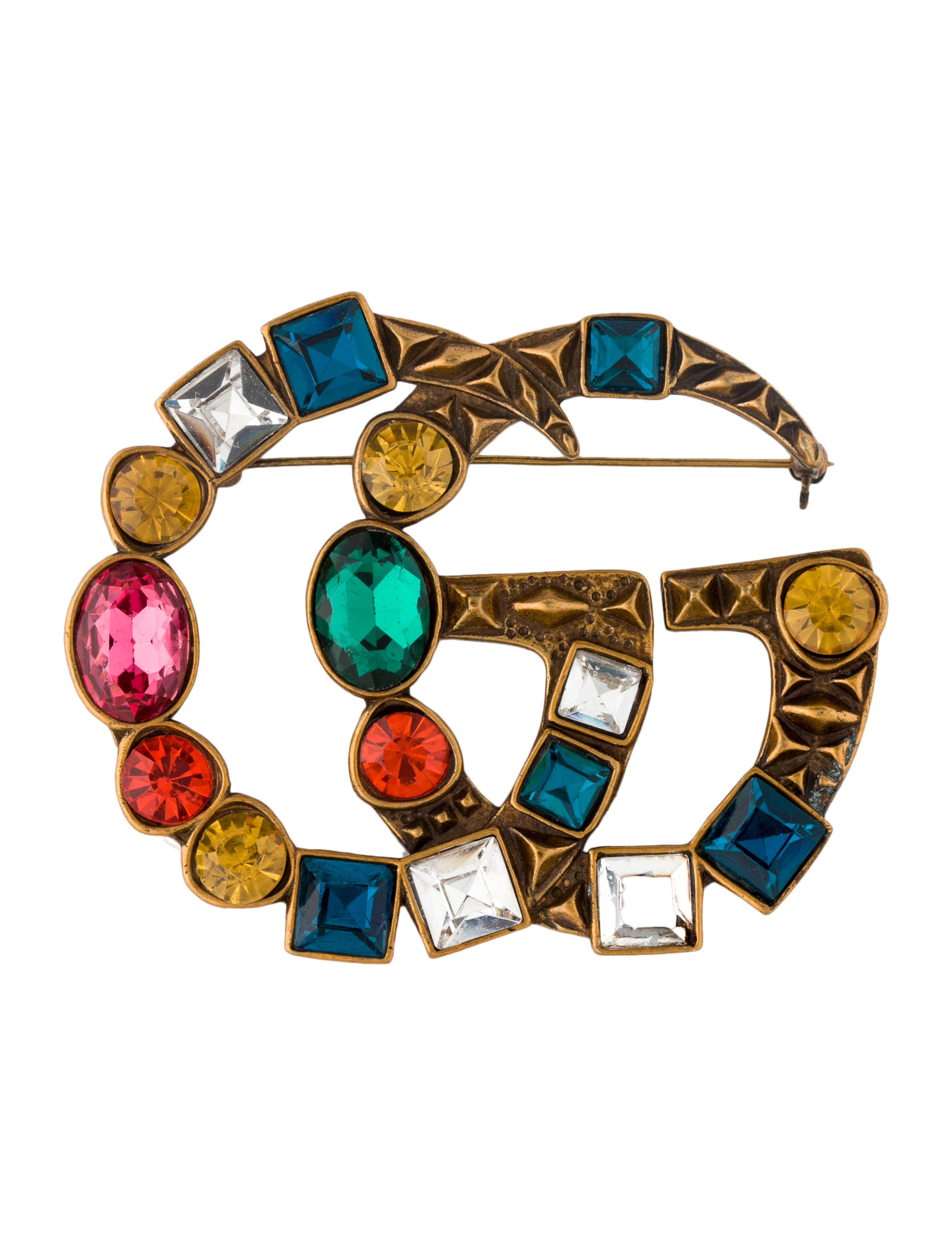 Gucci Crystal Double G Brooch - Blue, Gold-Tone Metal Pin