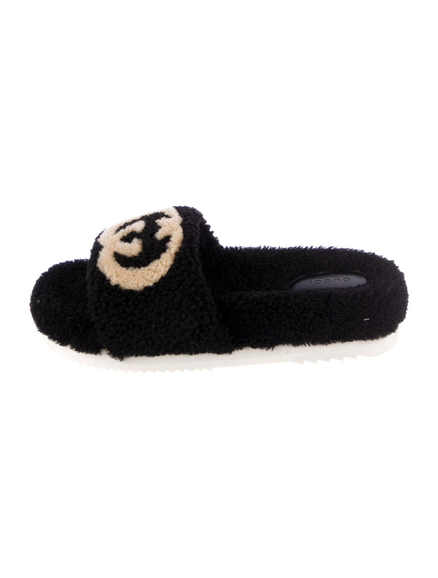 Gucci Interlocking G Logo Shearling Slides Black Sandals, Shoes