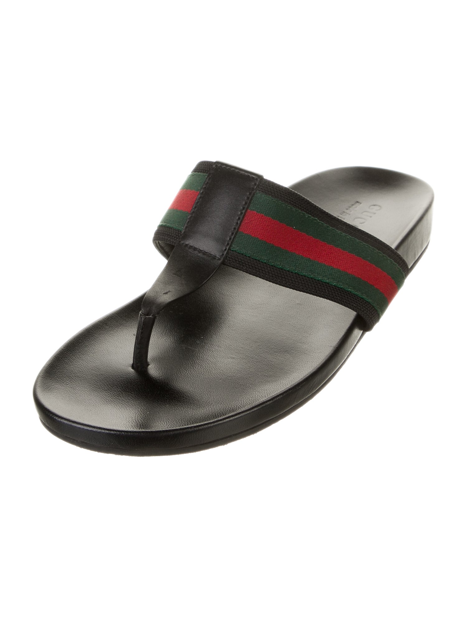 Gucci Web Accent Leather Flip Flops - Black Sandals, Shoes - GUC1483552