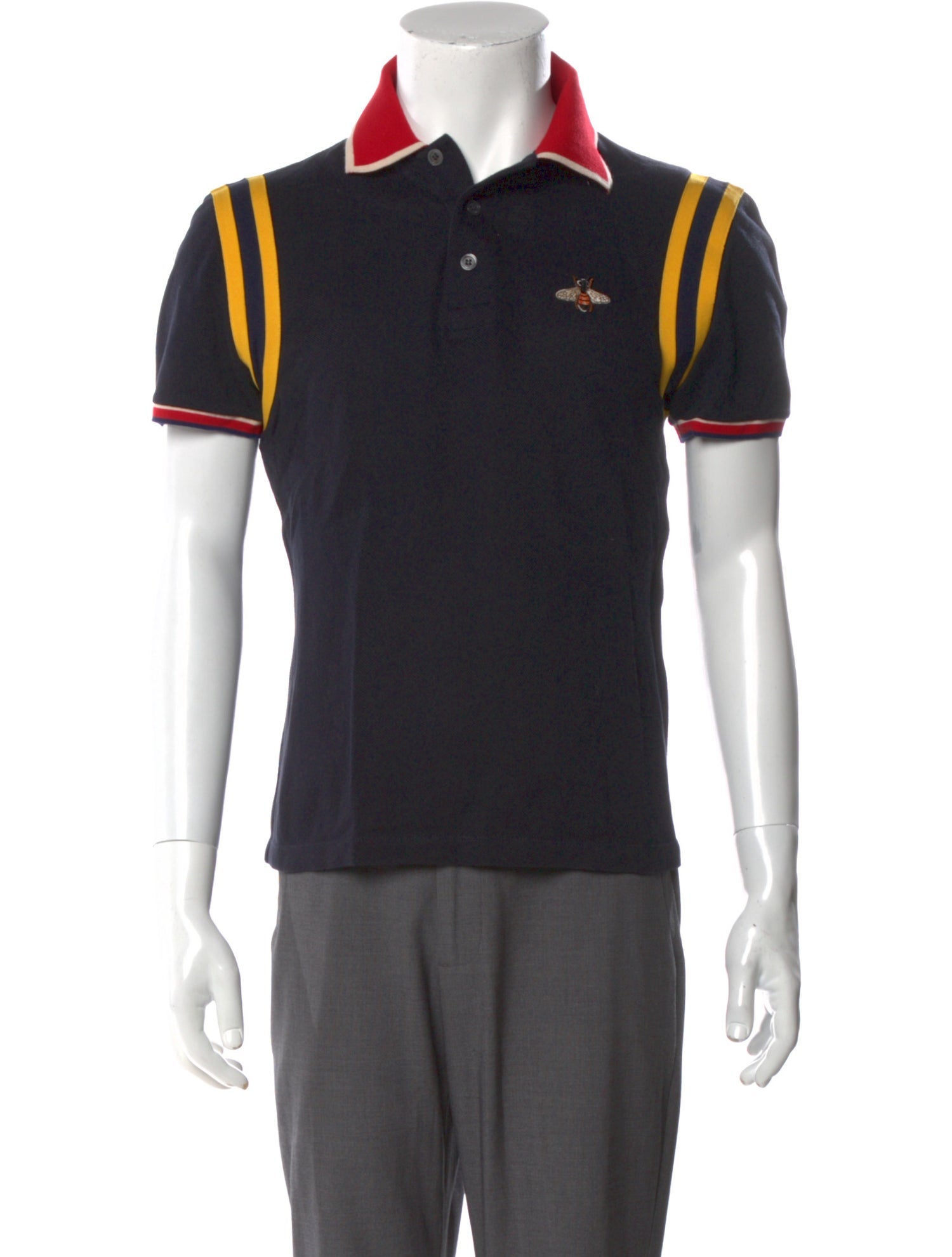 Gucci Bee Accent Striped Polo Shirt - Blue Polos, Clothing