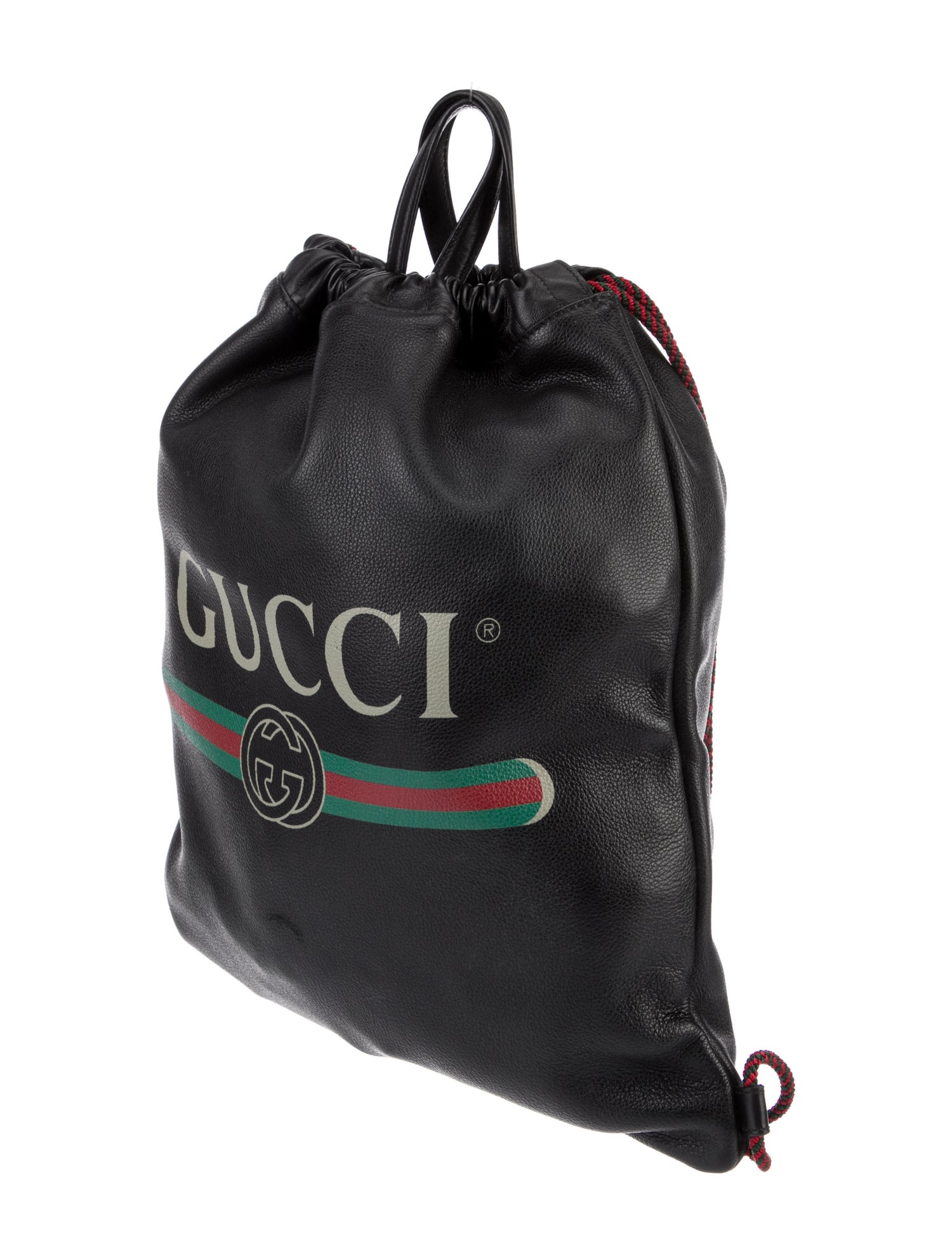 Gucci Leather Logo Drawstring Web Accent Backpack