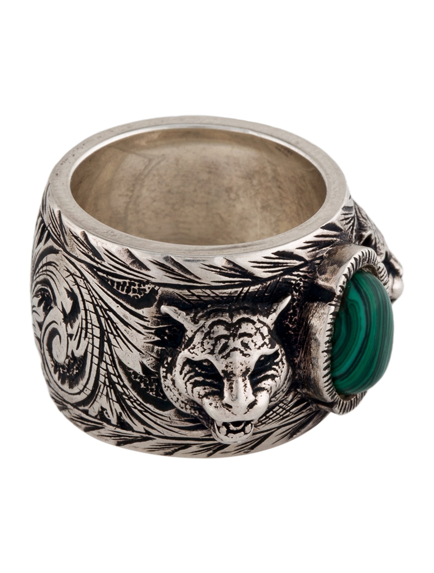 Gucci Malachite Garden Feline Head Ring - Sterling Silver
