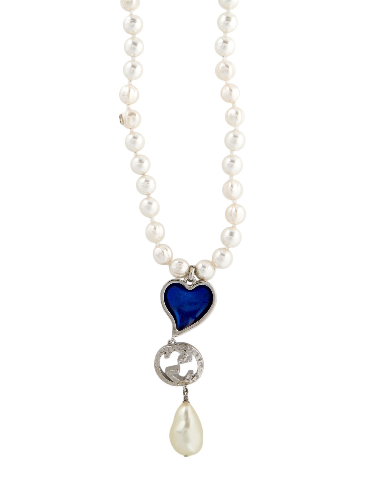 Gucci Faux Pearl & Crystal Heart Pendant Necklace