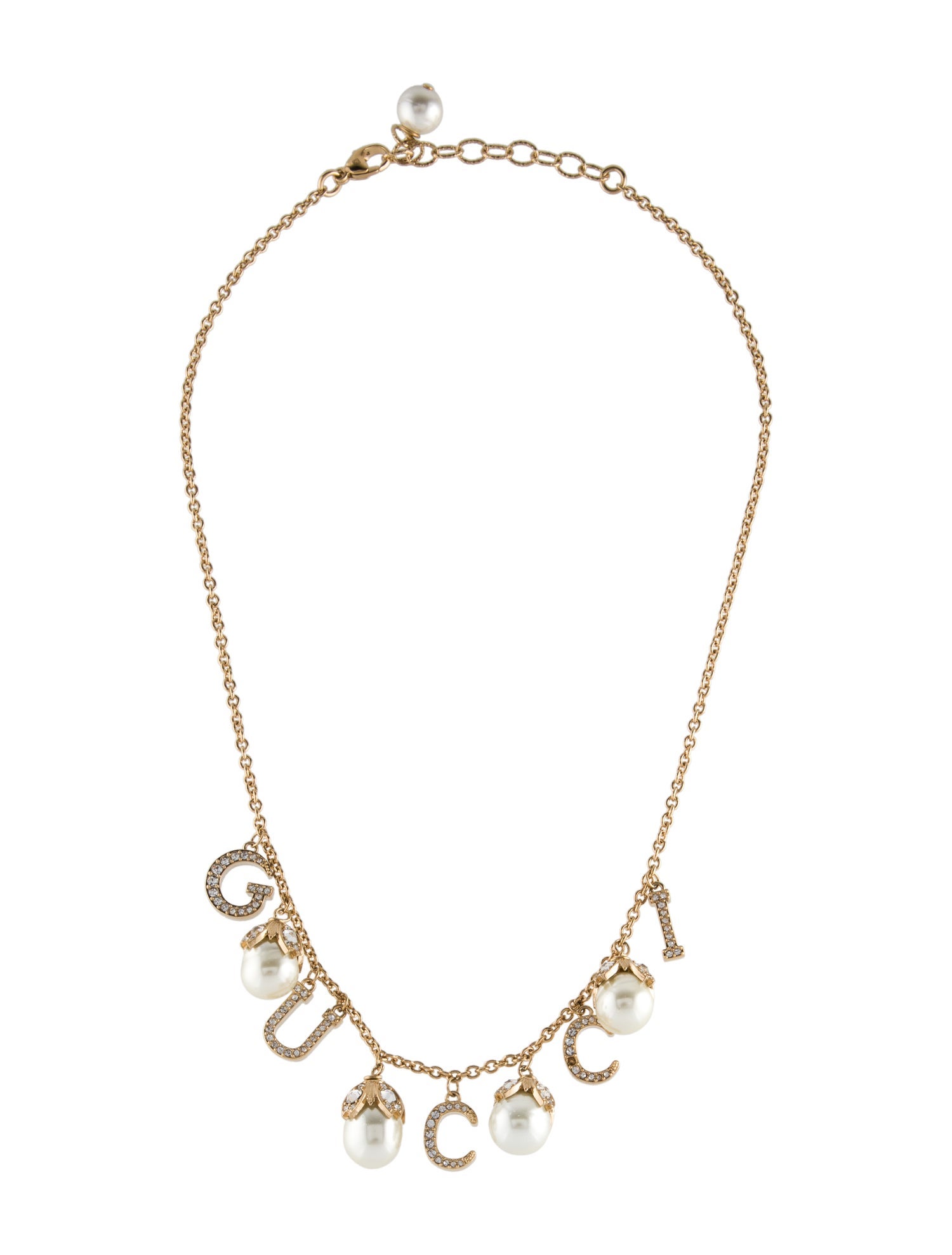 Gucci Faux Pearl & Crystal Logo Charm Necklace