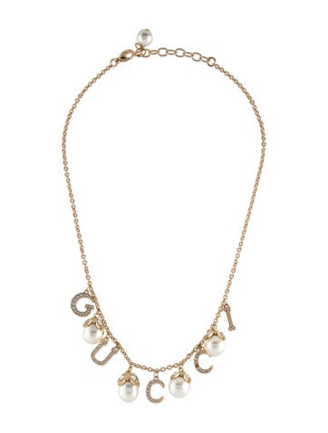 Gucci Collar Faux Pearl & Crystal Logo Charm Necklace