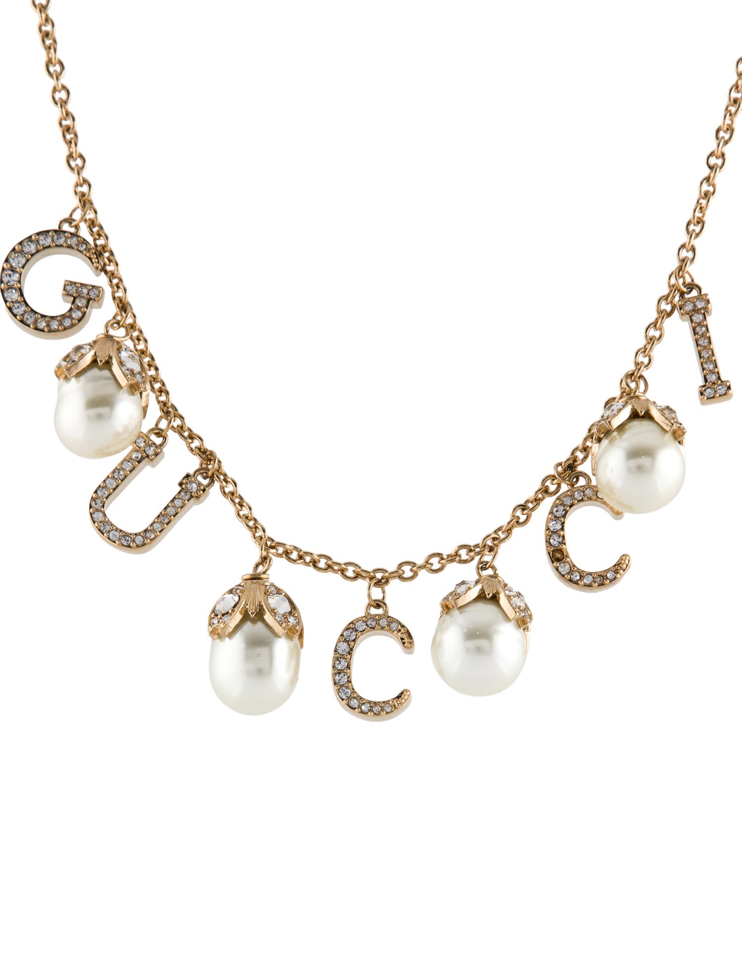 Gucci Faux Pearl & Crystal Logo Charm Necklace