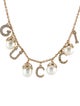 Gucci Faux Pearl & Crystal Logo Charm Necklace