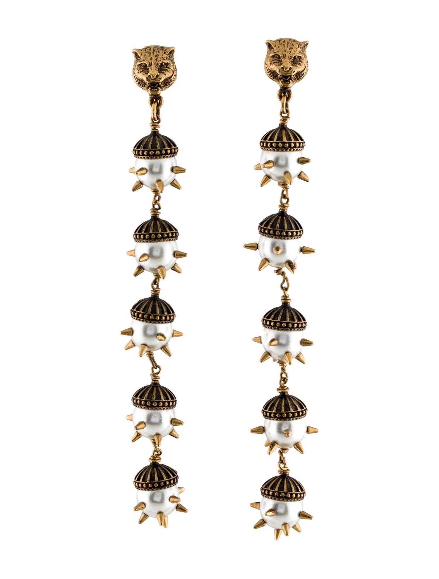 Gucci Spiked Faux Pearl Feline Head Clip-On Earrings
