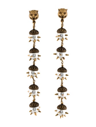 Gucci Spiked Faux Pearl Feline Head Clip-On Earrings