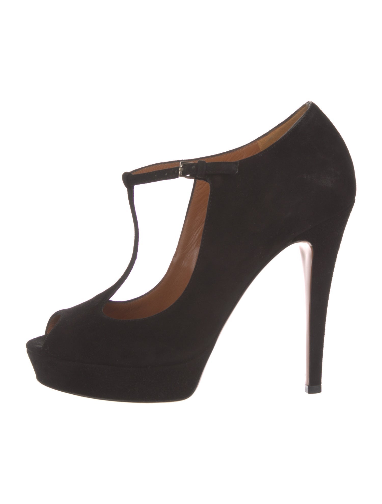 Gucci Suede Cutout Accent T-Strap Pumps