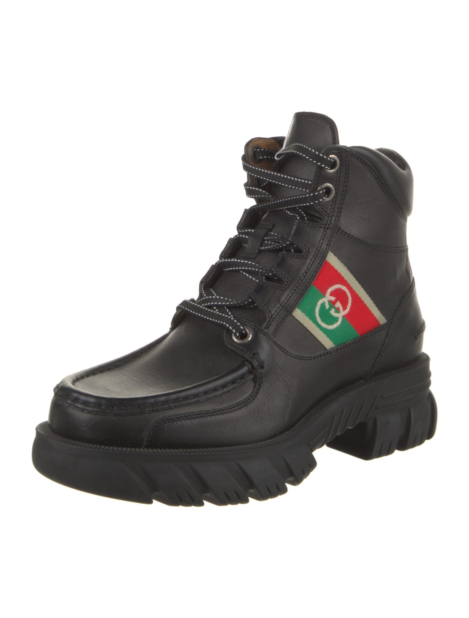 Gucci Web Accent Leather Combat Boots