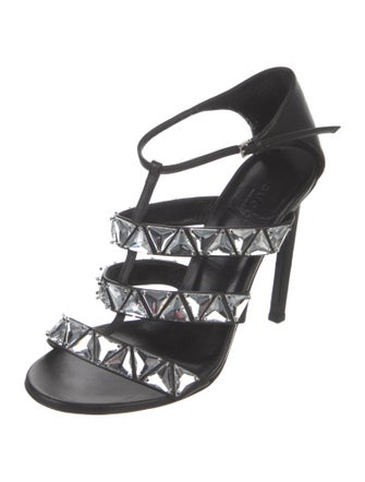 Gucci Leather Crystal Embellishments T-Strap Sandals