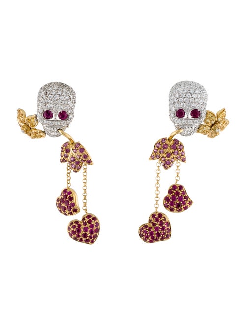 Gucci 18K 2.25ct Diamond, Ruby, Sapphire & Rhodolite Skull Flora Drop Earclips