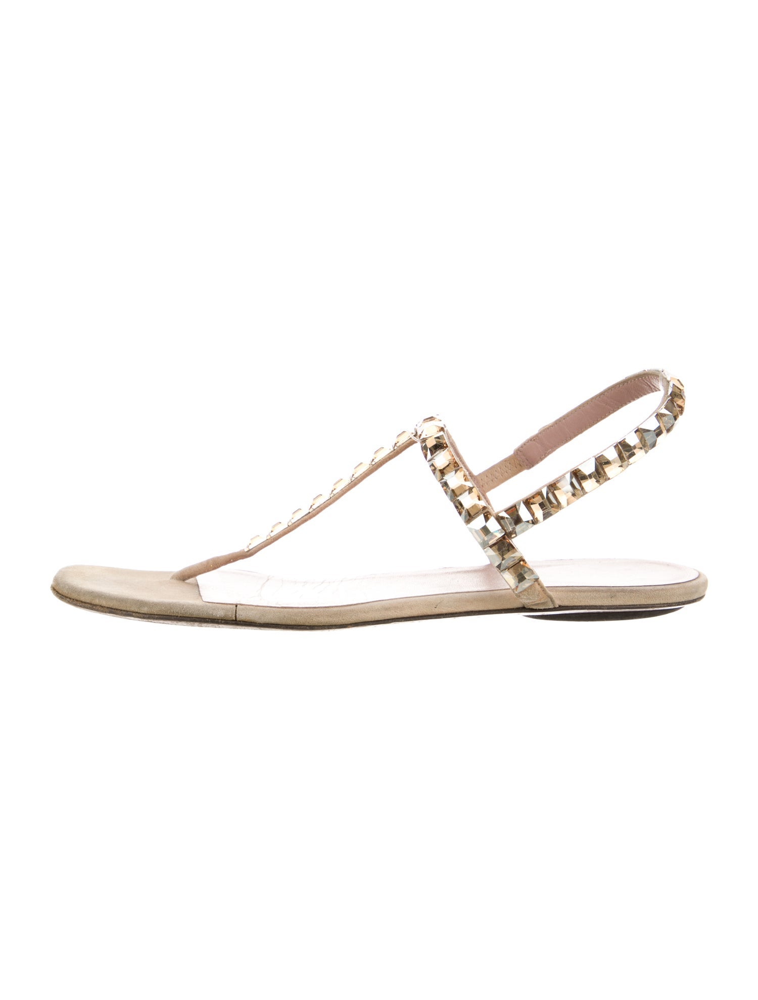 Gucci Leather Crystal Embellishments T-Strap Sandals