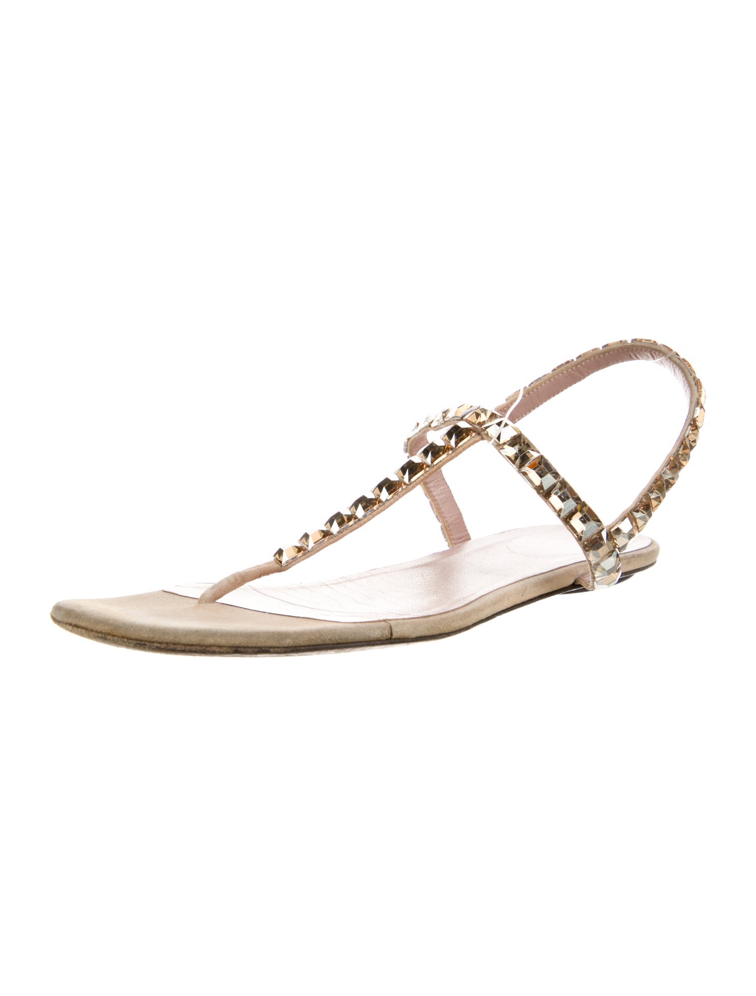 Gucci Leather Crystal Embellishments T-Strap Sandals