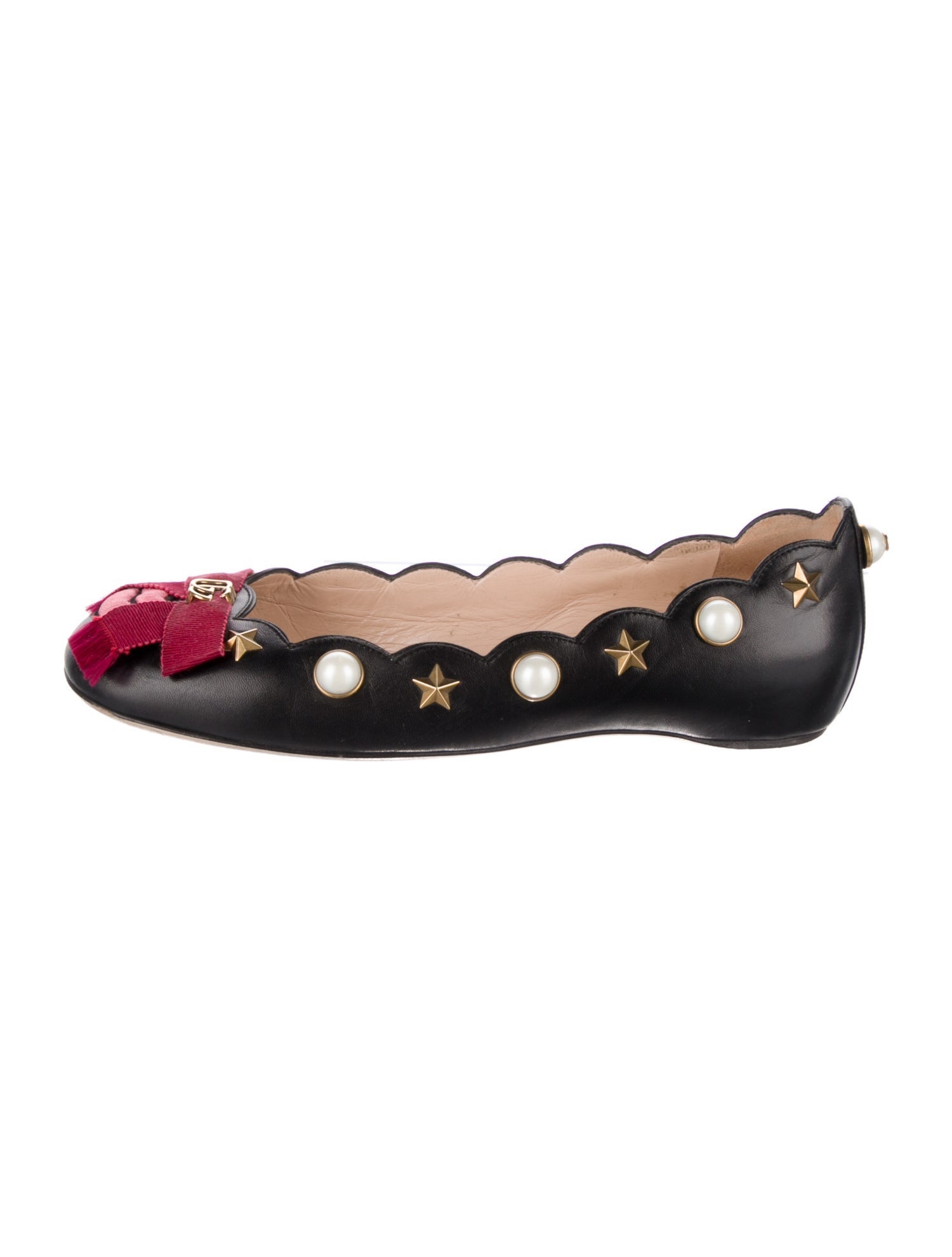 Gucci Faux Pearl Accents Leather Ballet Flats