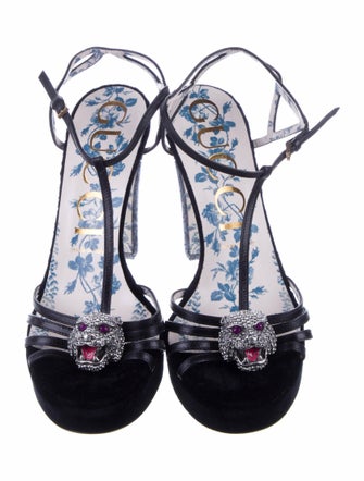 Gucci Feline Head Accent Velvet T-Strap Sandals
