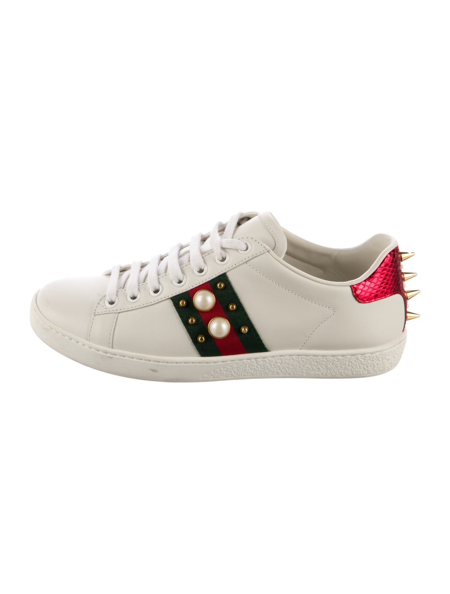 Gucci Faux Pearl Accents Leather Sneakers