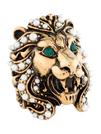 Gucci Faux Pearl & Crystal Lion Head Cocktail Ring