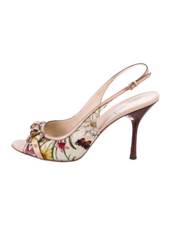Gucci Flora Print Canvas Slingback Sandals