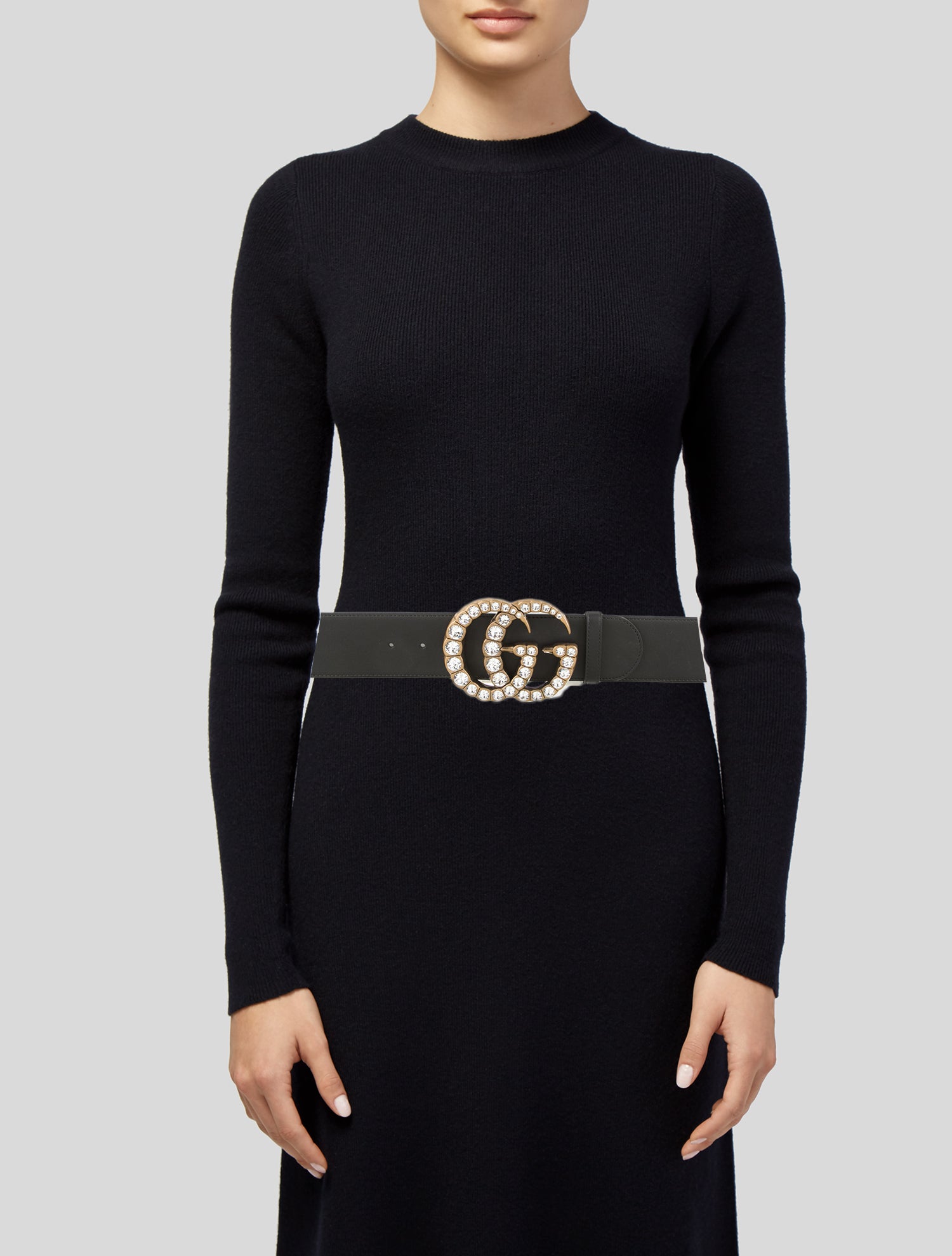 Gucci Faux Pearl Accents Leather Waist Belt Black Belts