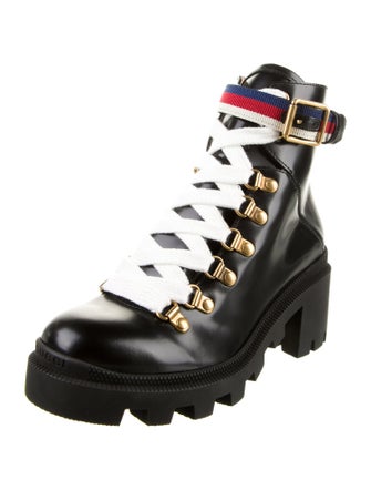 Gucci Sylvie Web Accent Leather Combat Boots