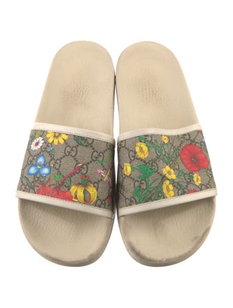 Gucci Flora Print Leather Trim Embellishment Slides