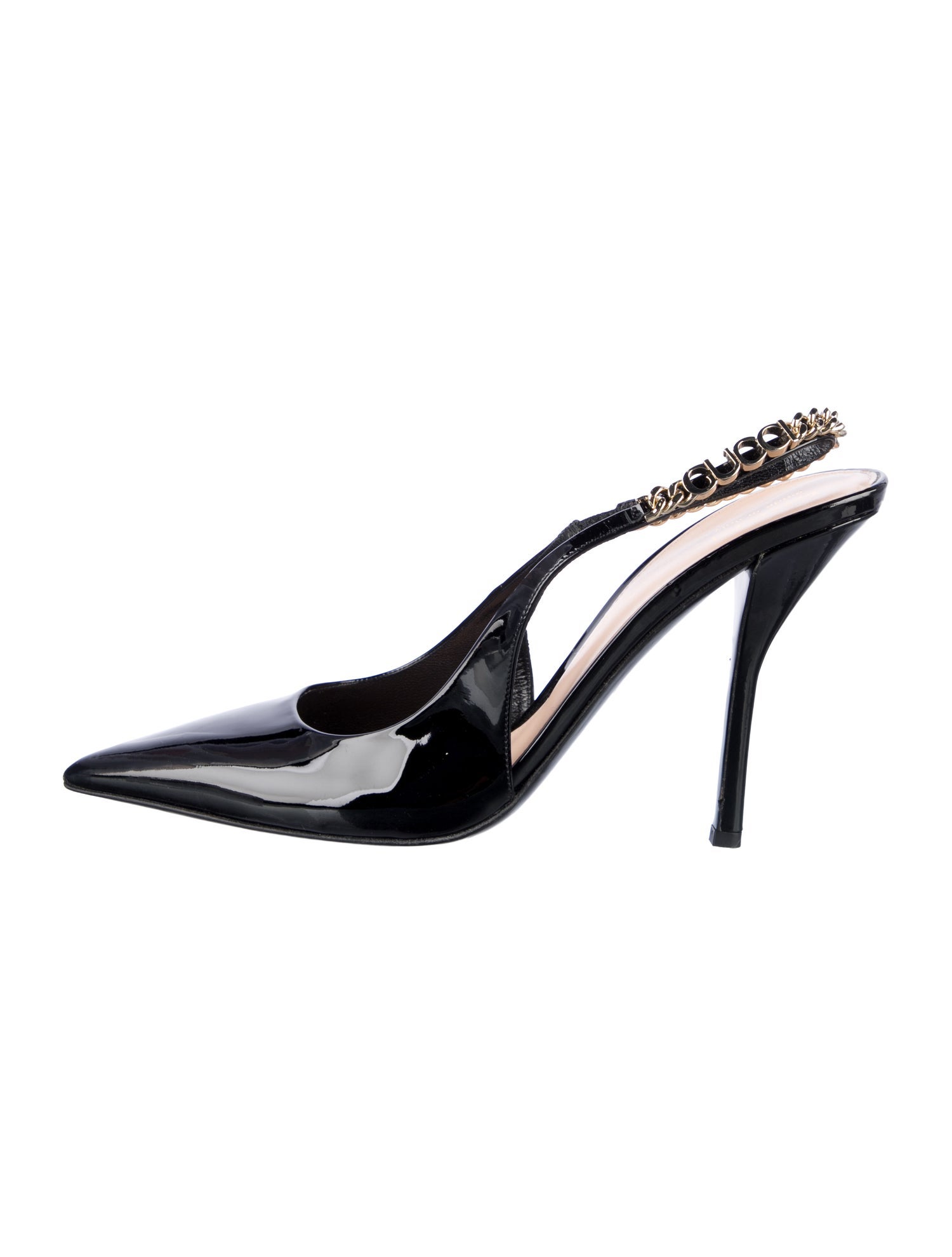 Gucci Patent Leather Chain-Link Accents Slingback Pumps