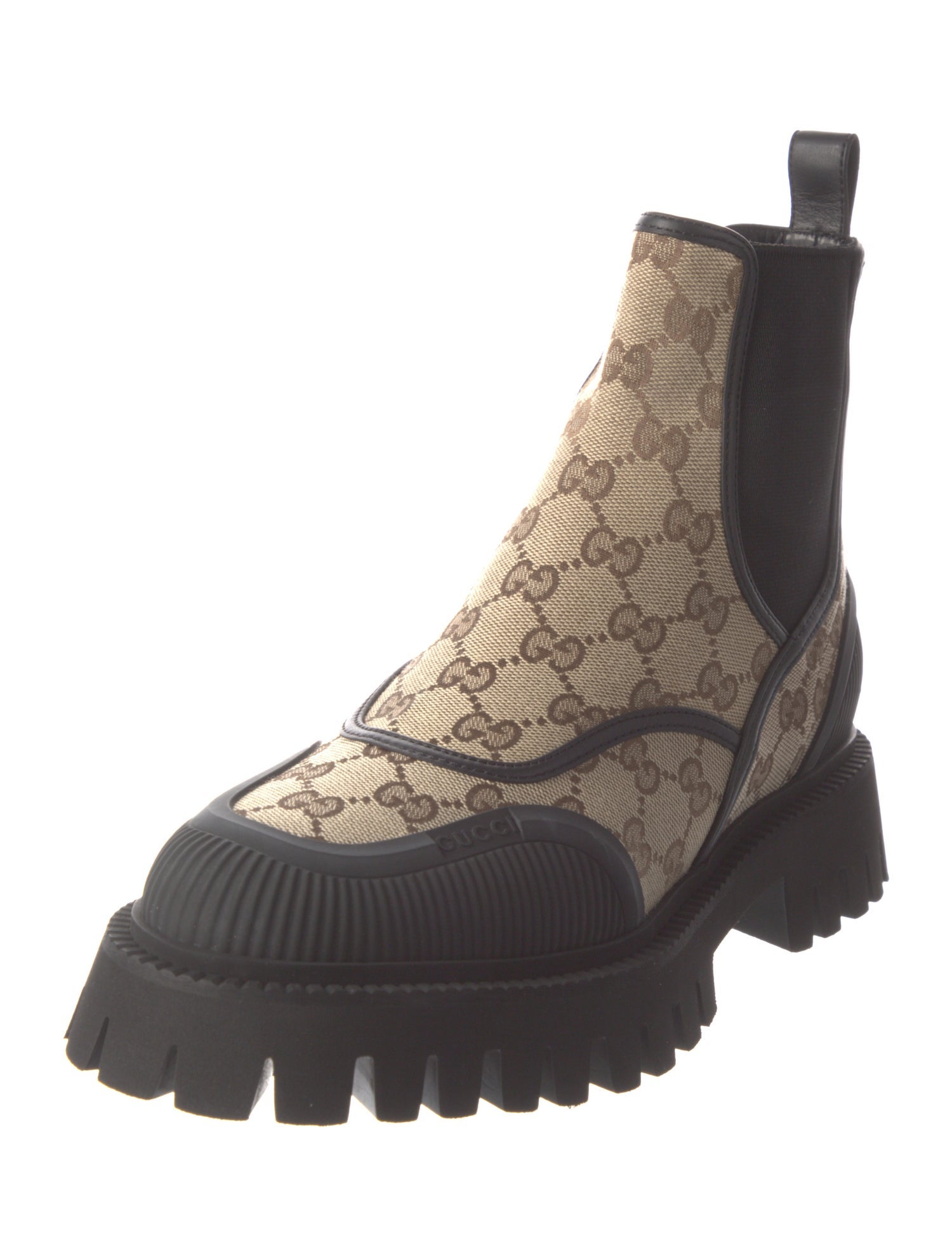 Gucci GG Canvas Leather Trim Embellishment Chelsea Boots